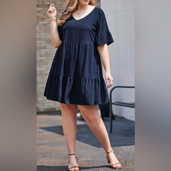 IN'VOLAND Plus Size  Dress Ruffle Babydoll Dresses V Neck Flowy Swing Dress 22W - Picture 12 of 13